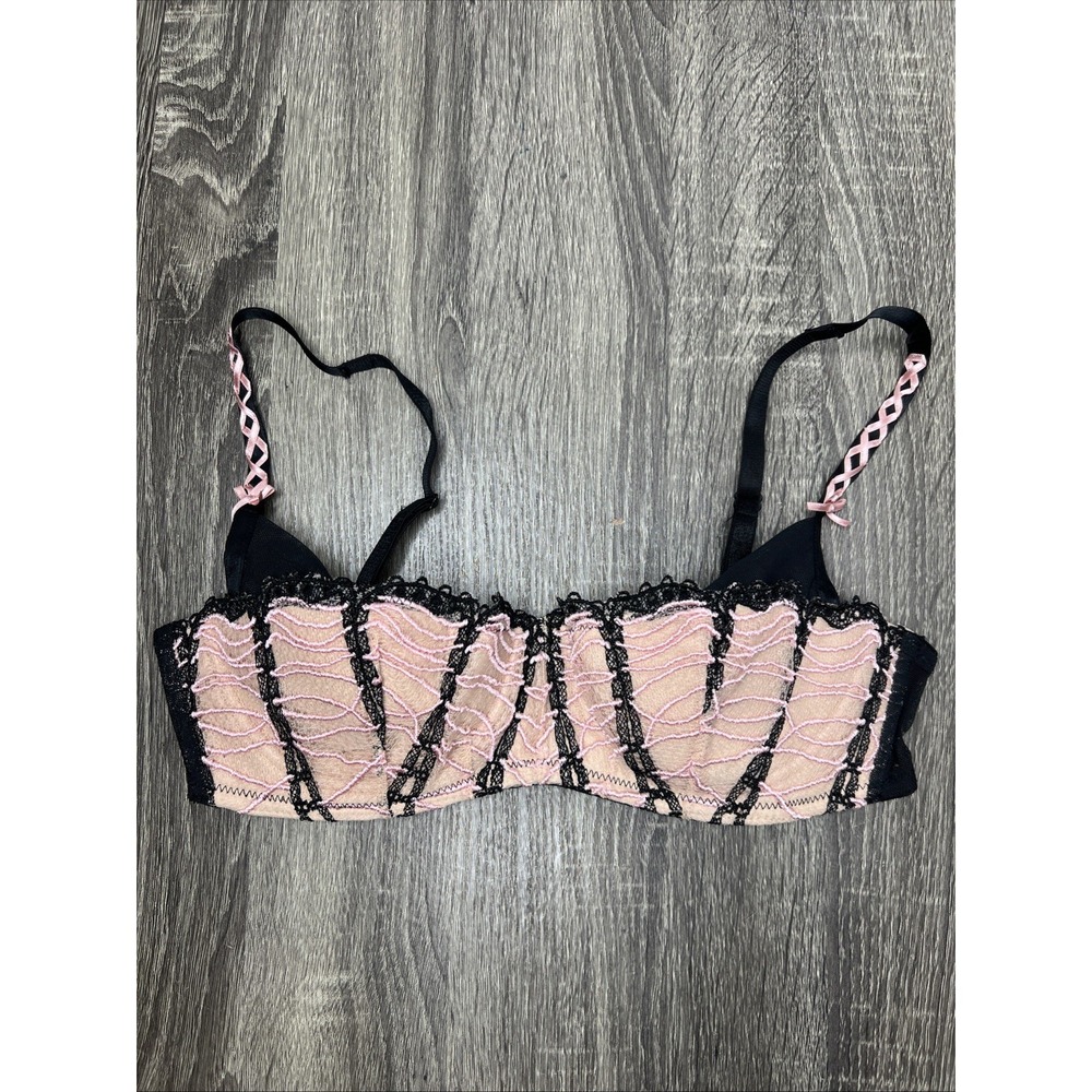 CHANTAL THOMASS Victoria's Secret Underwire Bra Sz 34C Pink Black Lace Bows Rare